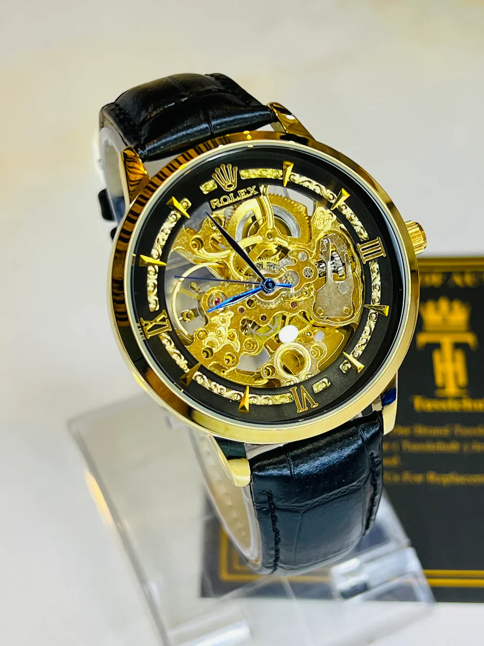 Leather Rol*x Black Gold Automatic Skeleton Watch