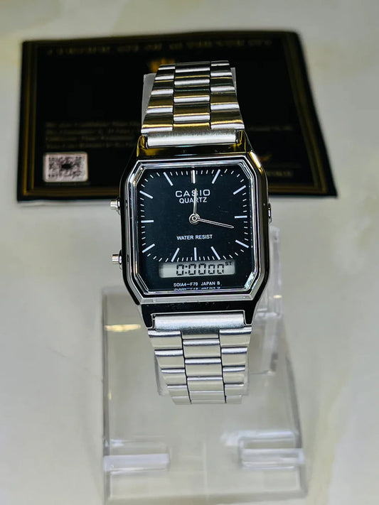 Silver Black Casio Dual Time Watch For Her