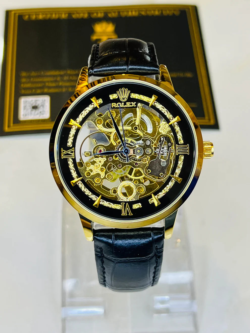 Leather Rol*x Black Gold Automatic Skeleton Watch