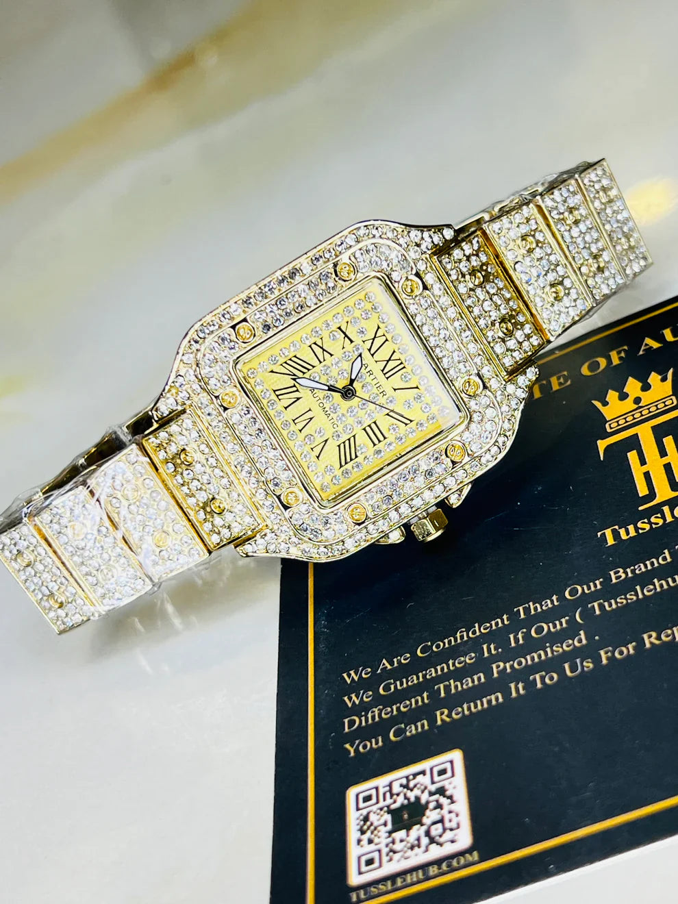 All Gold Square Tank Iced Out Watch