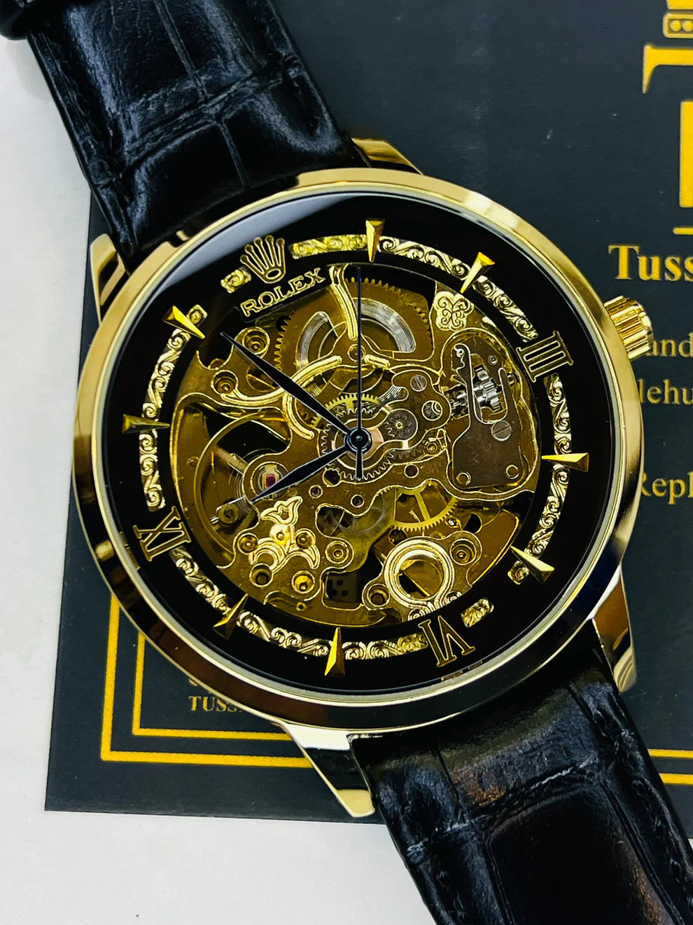 Leather Rol*x Black Gold Automatic Skeleton Watch