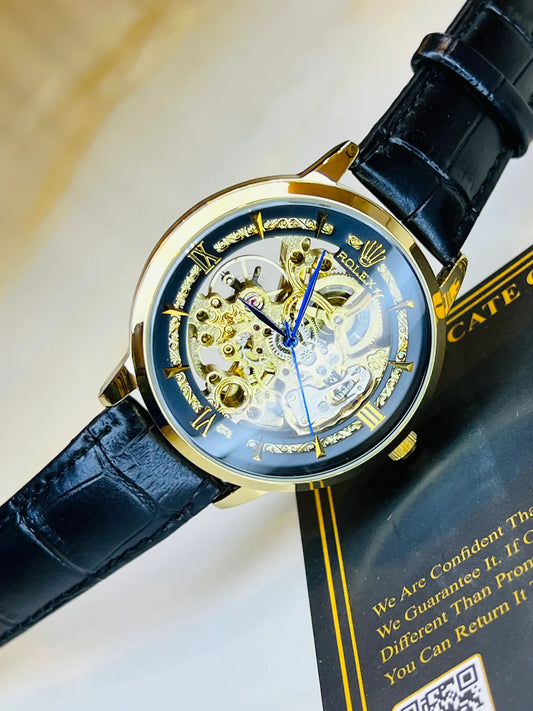 Leather Rol*x Black Gold Automatic Skeleton Watch