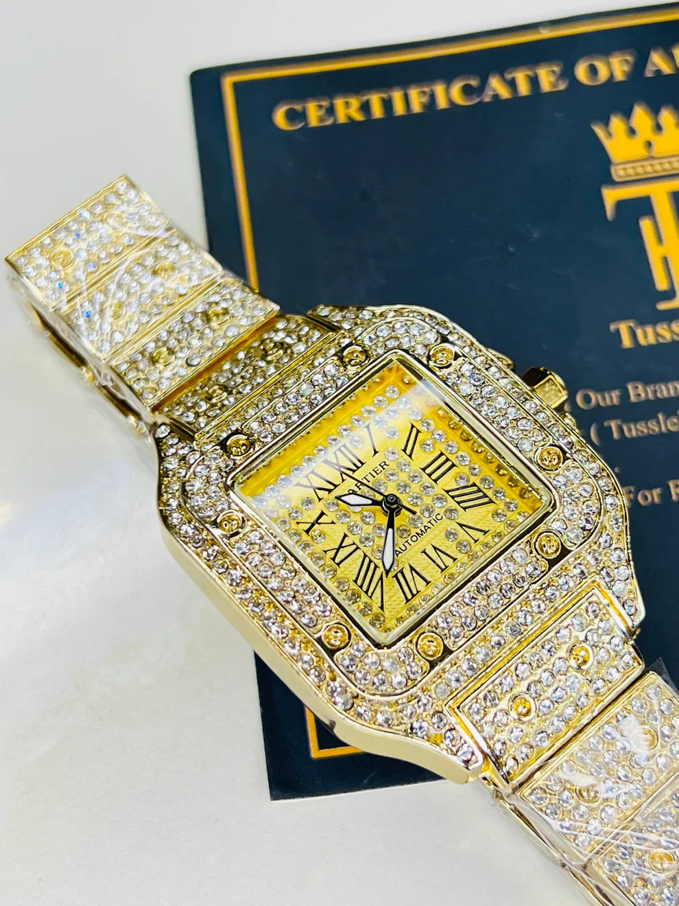 All Gold Square Tank Iced Out Watch