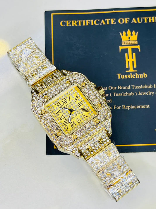 All Gold Square Tank Iced Out Watch